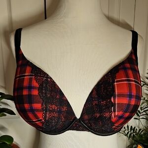 Cacique Black and Red Checkered Lace Bra